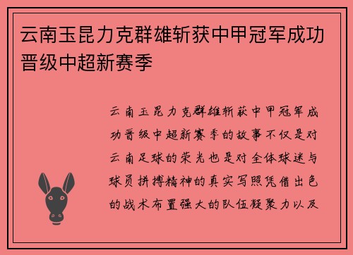 云南玉昆力克群雄斩获中甲冠军成功晋级中超新赛季